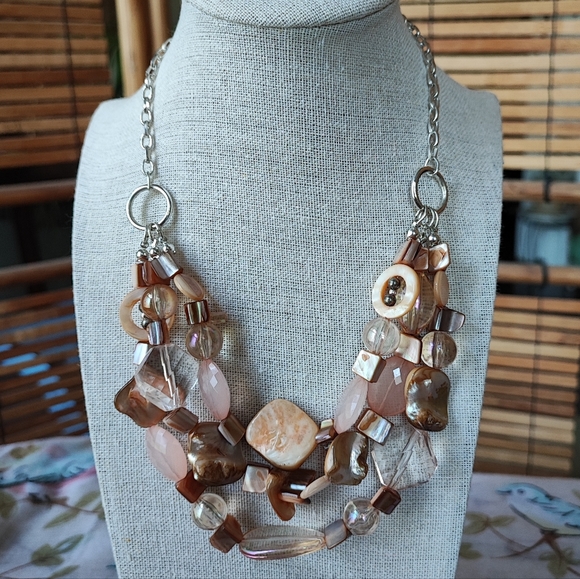 Triple Strand Shell Acrylic Plastic Beaded Vintage Necklace MOP Beachcore - Picture 1 of 10